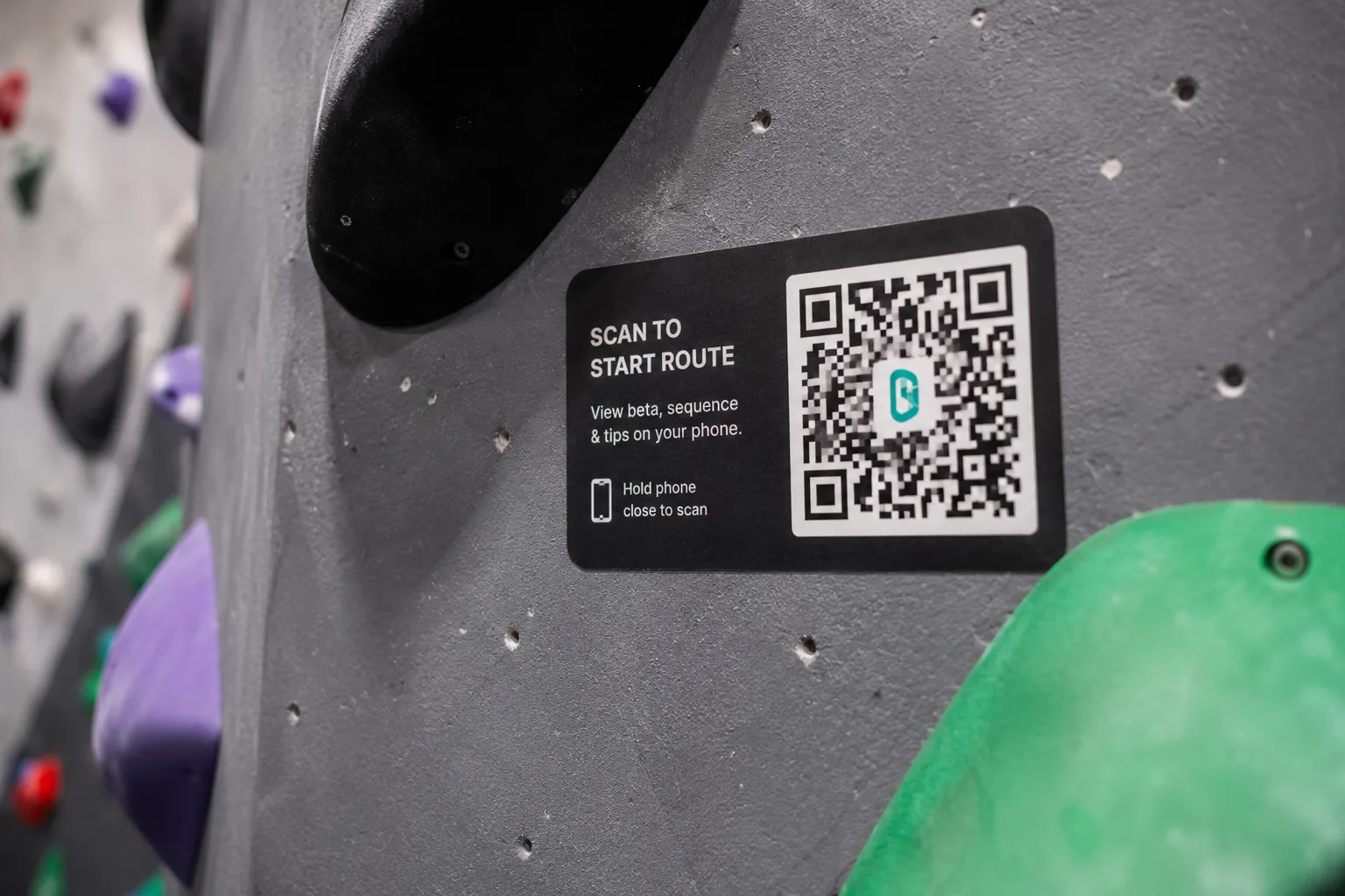 Send It, scan-to-start route tag on the wall