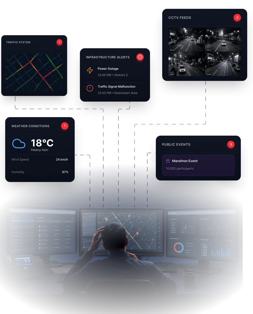 Five disconnected monitoring systems — traffic, infrastructure alerts, CCTV, weather, and public events — all converging on a single overwhelmed operator