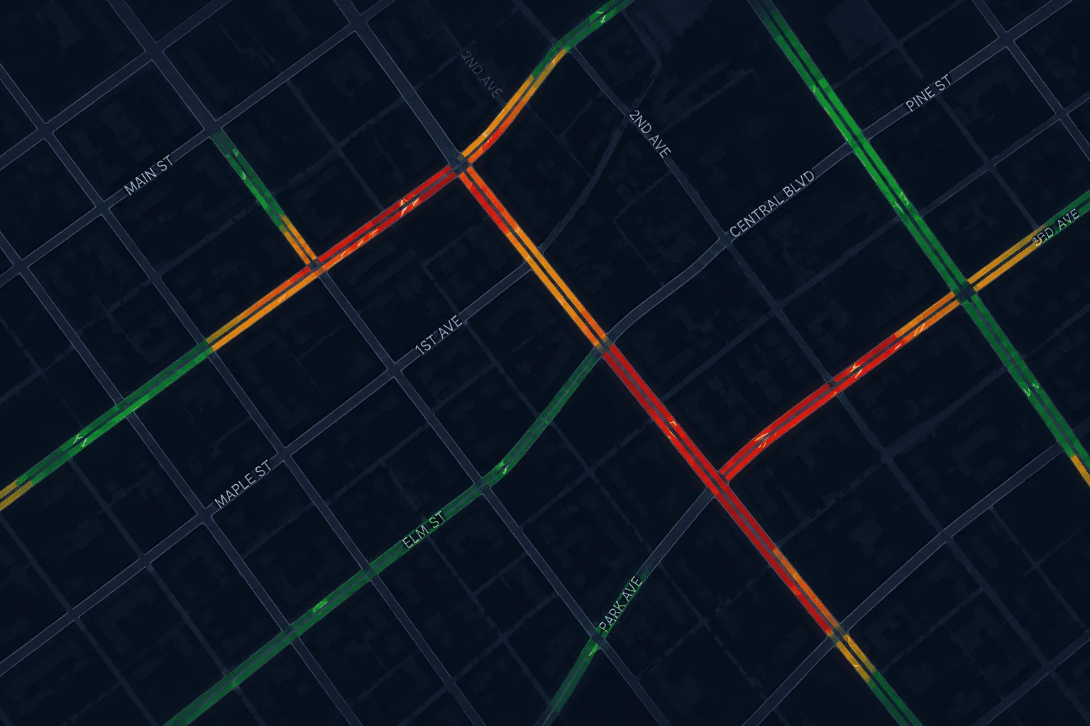 City street network map with congested arteries