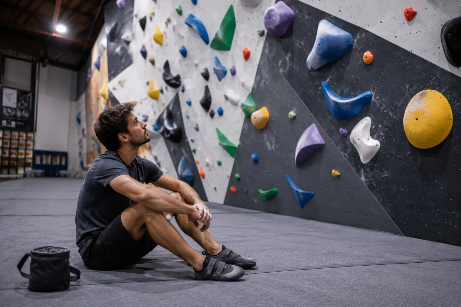 Ofek, the primary user, sitting on the mat looking up at the wall