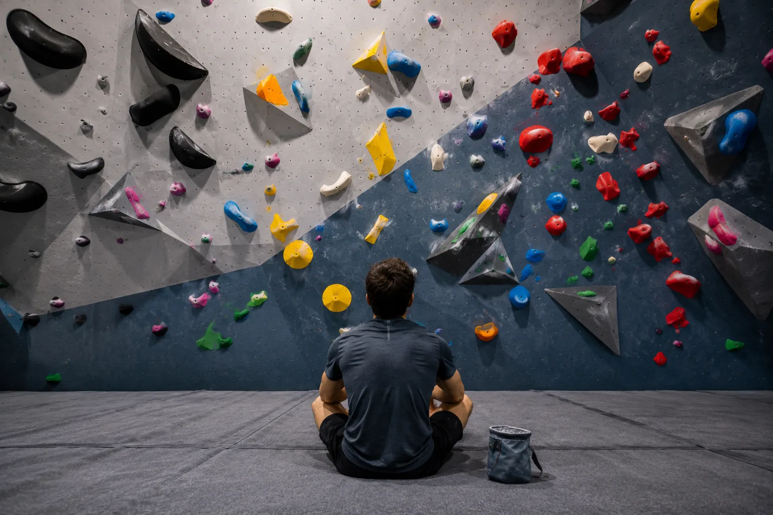 A climber sitting on the mat, reading the problem